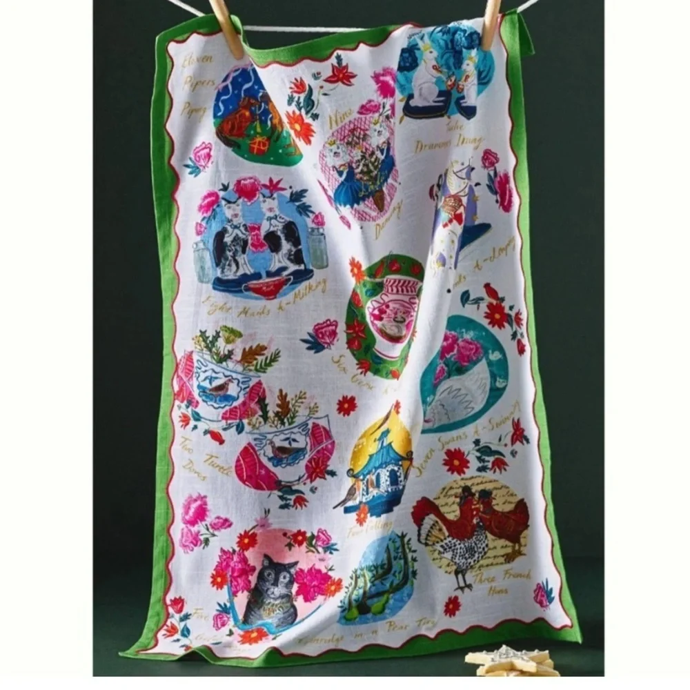 Anthropologie Emily Maude 12 days of Christmas kitchen dish towel new unused